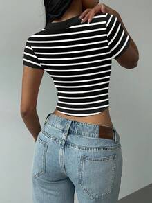 SHEIN BASICS Women's Fashion Knight Embroidery Striped Slim Fit Short Sleeve V-Neck T-Shirt, Summer - Black - View 2