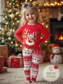 2 件女童圣诞驯鹿睡衣套装，舒适贴身柔软圆领长袖上衣和长裤，可爱的节日睡衣，圣诞节和新年礼物推荐 - 紅色 - 查看 1