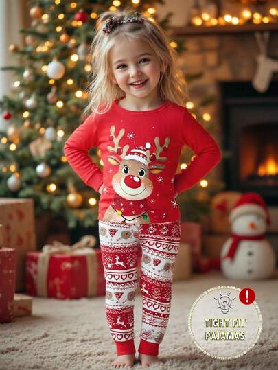 2 件女童圣诞驯鹿睡衣套装，舒适贴身柔软圆领长袖上衣和长裤，可爱的节日睡衣，圣诞节和新年礼物推荐