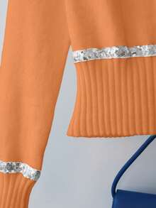 SHEIN Franclia Áo len dệt kim ôm sát tay raglan cổ bẻ thời trang tối giản thanh lịch dành cho nữ - trái cam - Xem 4