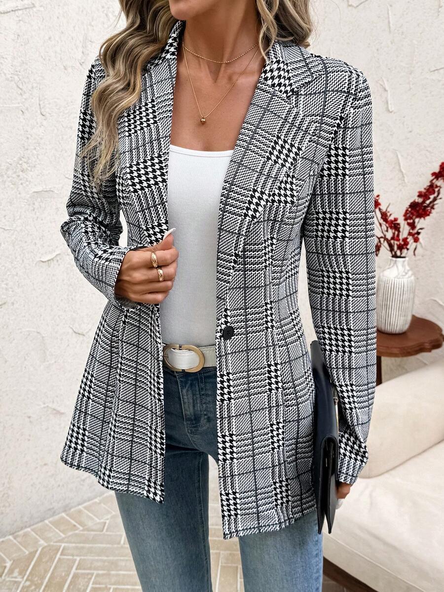 SHEIN Clasi 女士优雅百搭格纹西装外套，适合通勤和办公穿着，法式风格，松紧腰带经典黑白格纹修身西装外套，适合通勤