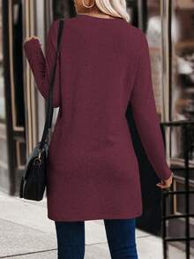 SHEIN LUNE 女式纯色圆领长袖休闲不对称下摆T恤 - 中紫紅色 - 查看 2