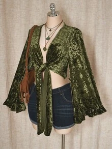 SHEIN ICON 大码女式复古荷叶边领带绿色天鹅绒衬衫 - 綠色 - 查看 8