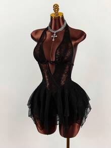 Y2K Amplova Black Deep V-Neck Backless Lace Patchwork Asymmetrical Punk Sexy Hem Sweet & Chic Street Style Mini Dress For Young Girls ,Autumn/Winter Thanksgiving And New Year,Party Dresses For Women,Christmas Party Dress,Party Dresses For Women,Dresses For Women Party - Black - View 5