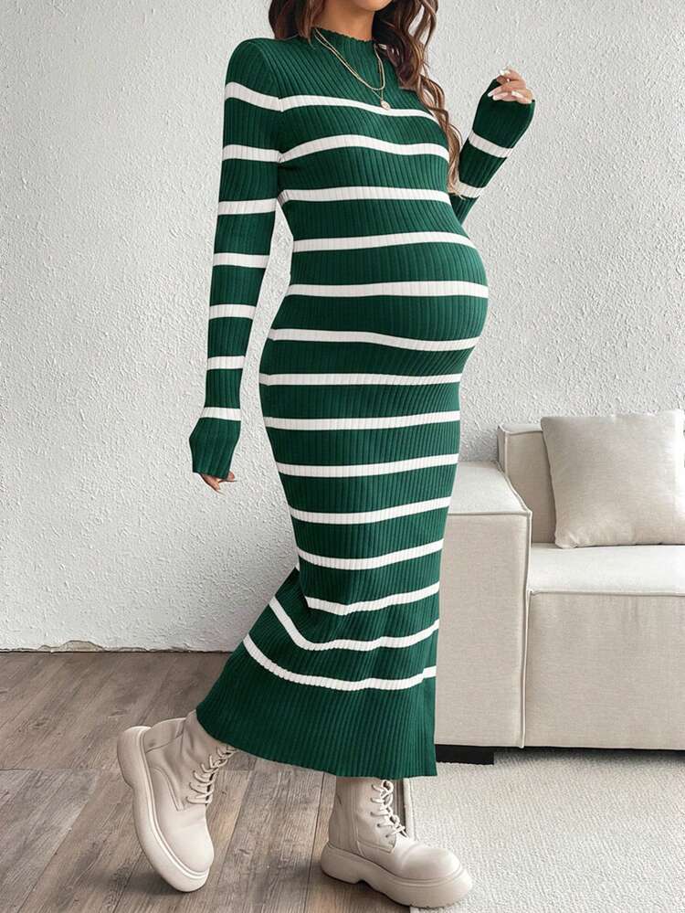 SHEIN Elegant Striped Fitted Ribbed Knit Sweater For Pregnant Women, Autumn/Winter Fall Maternity Dress Striped Maternity Dress Long Sleeve Maternity Dress Knit Midi Maternity Dress Maternity Bodycon Dress - Green - View 3