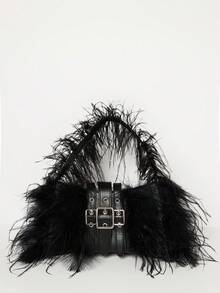 MUSERA 羽毛装饰仿皮搭扣手提包，适合节日、假日、派对、圣诞节等场合。 - 黑色 - 查看 2