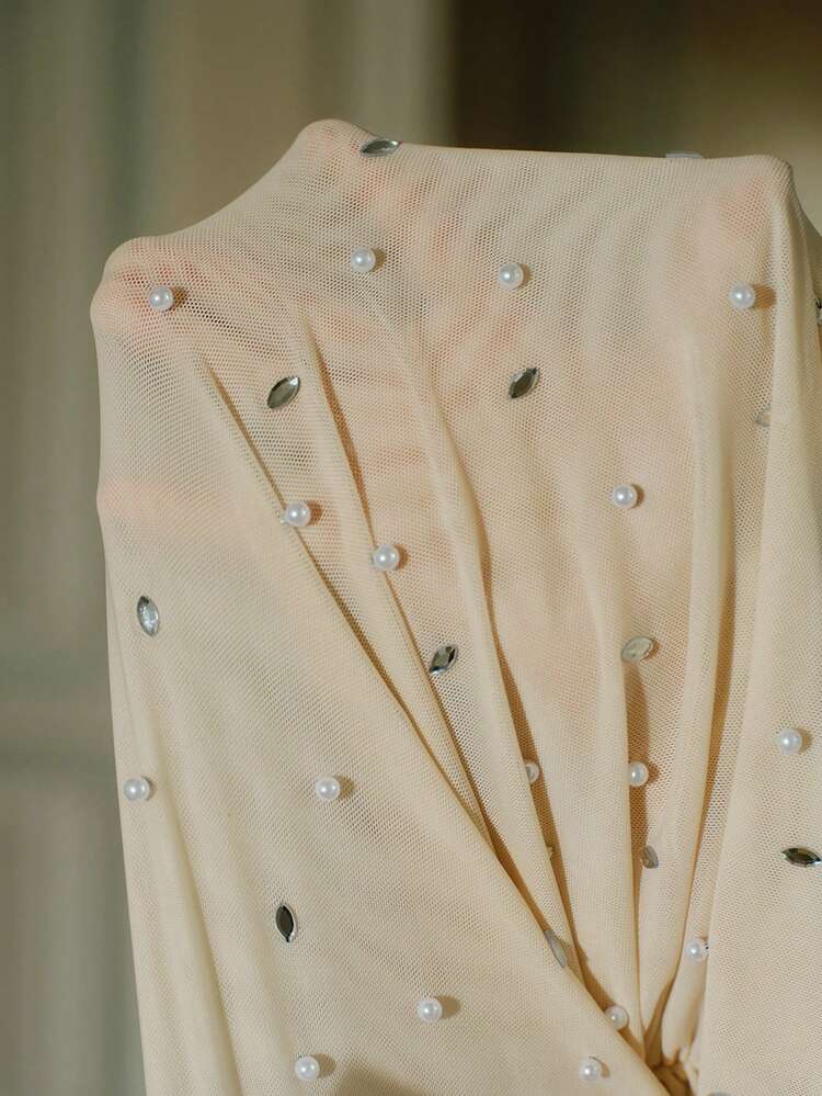 Women's Autumn/Winter New Mesh Long Sleeve Pearl Rhinestone Sexy Base Layer Top, Elegant T-Shirt