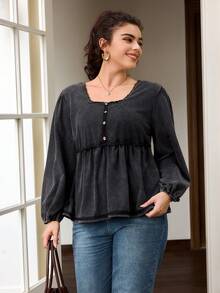 SHEIN Frenchy Kaos Lengan Panjang Kasual Wanita Ukuran Besar dengan Kerah Bulat dan Pinggang Berkerut, Motif Salju. - Hitam - View 7