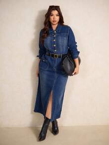 Elaquor Plus-Size Dark Blue Denim Dress, Classic Long-Sleeved Shirt Dress, French Elegance, Gold Metal Buckle Embellishment, Autumn/Winter Women's Clothing.