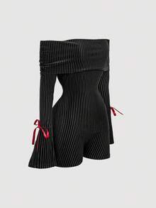 SHEIN MOD 女式露肩蝴蝶结装饰喇叭袖连体裤 - 黑色 - 查看 1