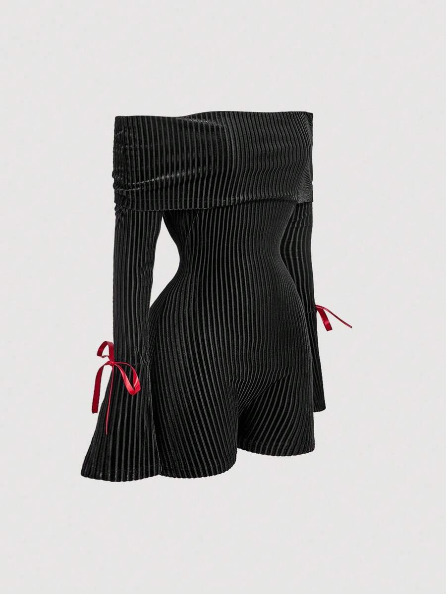 SHEIN MOD 女式露肩蝴蝶结装饰喇叭袖连体裤 - 黑色 - 查看 1