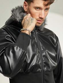 FeverCity 男式纯色长袖拉链连帽仿皮夹克，带毛领，适合秋冬 - 黑色 - 查看 7