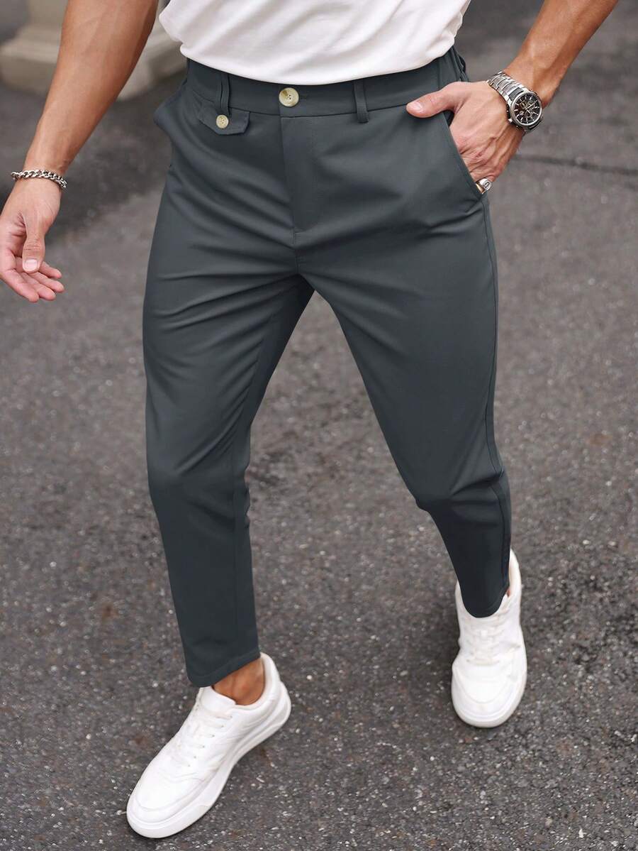 Manfinity Mode 男士休闲日常通勤纯色斜口袋西装裤 - 深灰色 - 查看 1