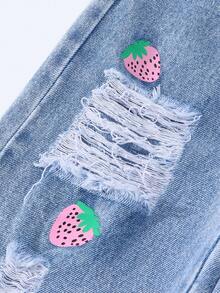 Young Girl Light Wash Blue Strawberry Print Wide Leg Jeans, Comfortable Sweet Casual Vacation School Style Recommended! - Light Wash - View 5