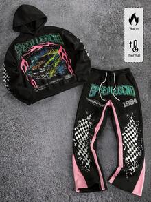 ROMWE MEN Street Life Conjunto de sudadera con capucha y pantalones deportivos holgados con estampado de eslogan y coche de carreras para hombre, ropa urbana - Negro - Ver 1