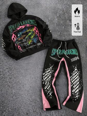 Street Life Set di felpa con cappuccio e pantaloni della tuta oversize con stampa di slogan e auto da corsa, abbigliamento casual da uomo per l'autunno