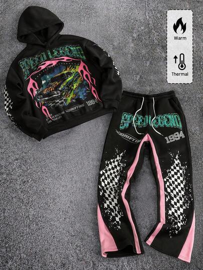 Street Life طقم هوديي وبنطلون رياضي فضفاض مطبوع بشعار وسيارة سباق للرجال، ملابس الشارع