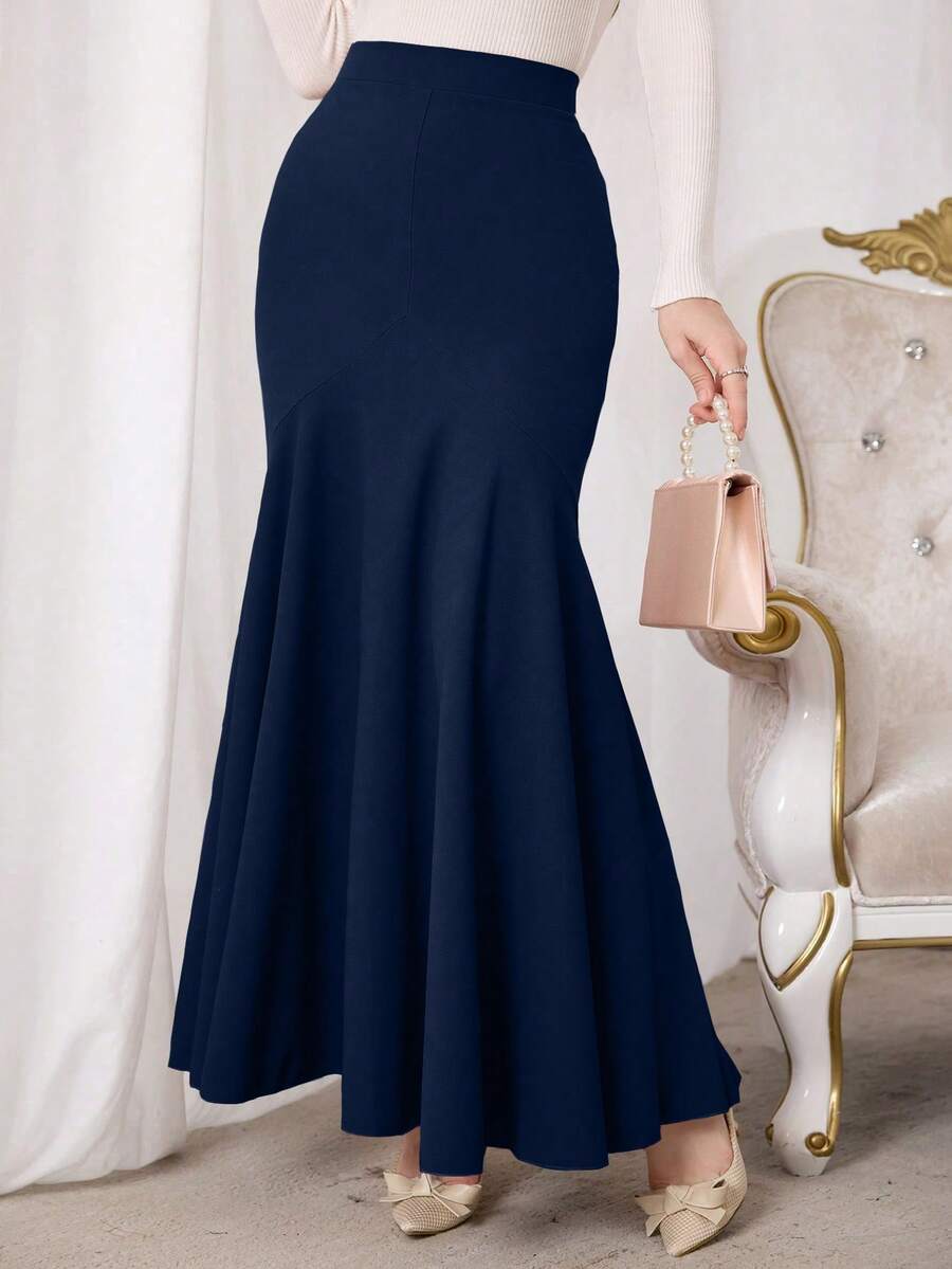 Modelyn Fitted High Waist Mermaid Flare Hem Women Skirt - Navy Blue - View 1