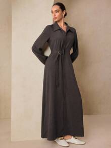 Graceveil 绿色金属装饰腰部收紧长袖优雅连衣裙 - 咖啡 - 查看 4