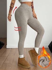 Coolane Damen Herbst/Winter Streetwear Lässig Minimalistisch Basic Alltagskleidung Rippenstruktur Strick Dehnbar Bequem Beige Fleece Leggings/Strumpfhosen - Aprikosenfarben - Übersicht 5