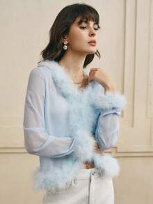 Cévolie 女士优雅羽毛装饰透明网眼衬衫（浅蓝色） - 淺藍色 - 查看 6