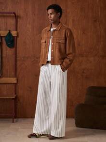 SWAVVY Quần ống rộng kẻ sọc thường ngày thời trang nam - trắng - Xem 6