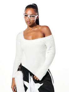 SUMWON WOMEN Fluffy Knit Scoop Neck Long Sleeve Bodysuit Fall Winter Cozy Sweater Top