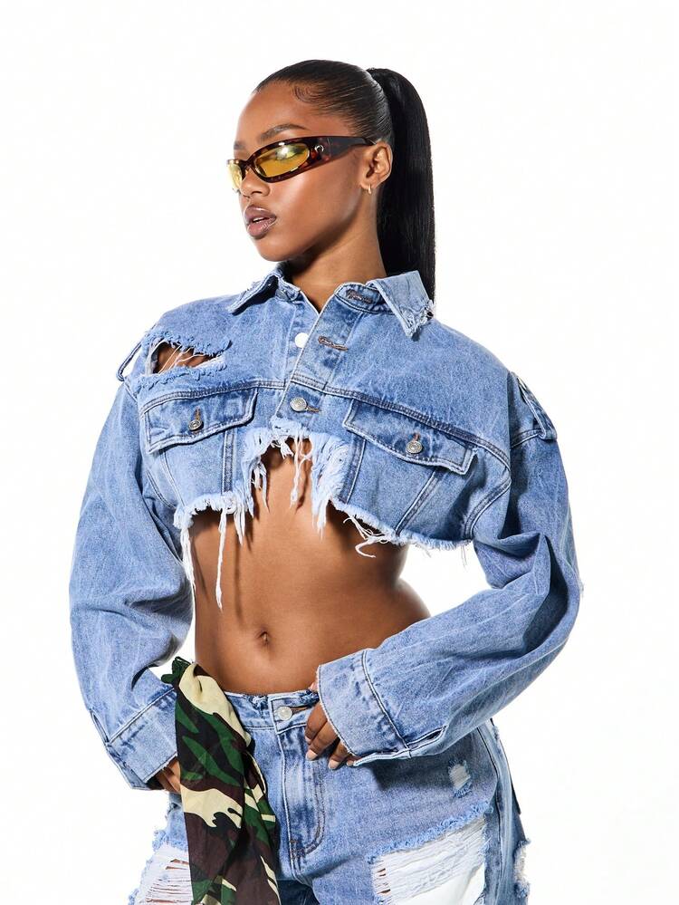 SUMWON WOMEN Oversized Distressed Denim Jacket With Extreme Ripped Cropped Design For Women Street Style Fall Winter Outerwear