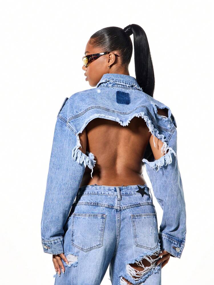 SUMWON WOMEN Oversized Distressed Denim Jacket With Extreme Ripped Cropped Design For Women Street Style Fall Winter Outerwear