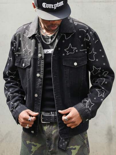 Men's Casual Fashion Street Star Rhinestone Flap Pocket Denim Jacket, Spring/Autumn