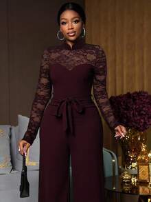 Lunelith SHEIN Lunessa Bộ đồ liền thân ren tương phản thanh lịch dành cho nữ - Màu Đỏ Sâu - Xem 4