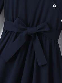 SHEIN Elegant Commuter Fashion Solid Color Ruffled Collar Chic Textured Fabric Preppy French Style Dress For Tween Girls - Navy Blue - View 6
