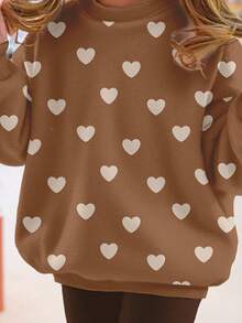 Cute Heart Print Tween Girl Casual Soft Thick Warm Crew Neck Long Sleeve Sweatshirt And Leggings Set, Suitable For Autumn/Winter Everyday And Holiday Wear