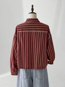 ESTAVOR Men's Striped Pattern Casual Long Sleeve Shirt - Red - View 4