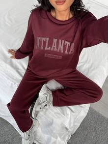 Sparklyn 少女休闲百搭运动百搭街头字母图案圆领超大卫衣+裤子保暖装，秋冬