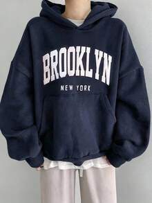 Tween Girls Navy Blue Thermal Lined Thick Letter Print Hoodie Sweatshirt, Casual School Style, Autumn/Winter