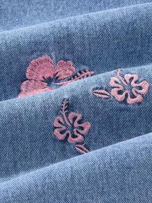 SHEIN ChillGRL Tween Girls Jeans - 新款时尚雪花洗做旧刺绣阔腿牛仔裤 - 淺色水洗藍 - 查看 5