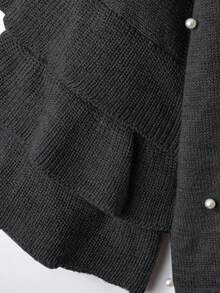 SHEIN LUNE Grey Pearl Embellished Knit Sweater With Romantic Ruffle Sleeves