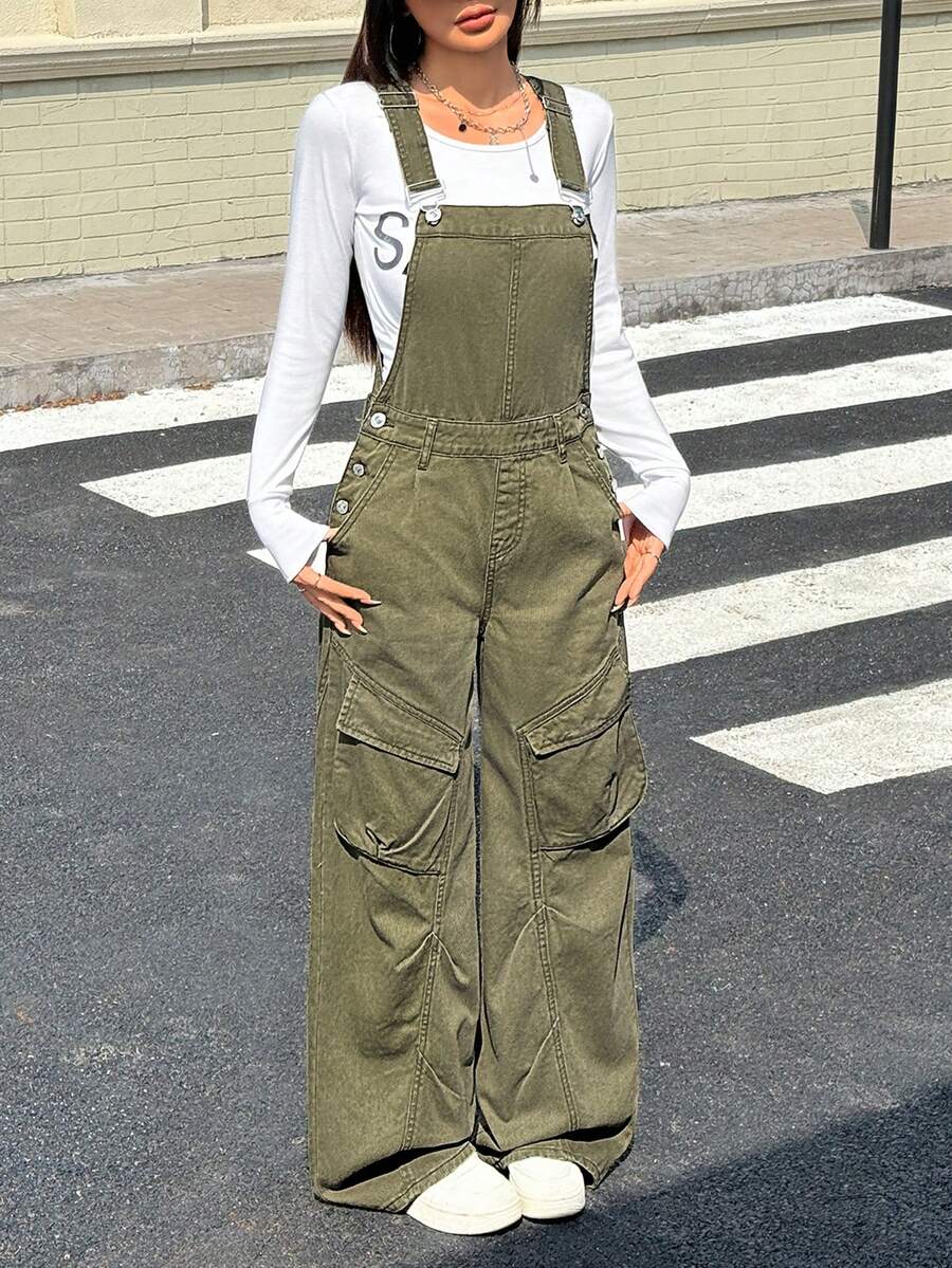 SHEIN EZwear Women's Asian Style Casual Everyday Versatile Denim Bib Pants And Jumpsuit - Army Green - View 1