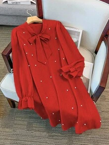 GlowEve CURVE 大码女式纯色系带长袖仿珍珠装饰优雅连衣裙 - 紅色 - 查看 6