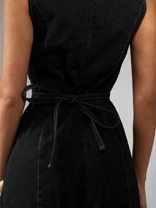 MISSGUIDED Sleeveless Rigid Denim Mini Dress With Tie Back Waist And Slashed Neck Detail For Summer Casual Occasions - Black - View 5