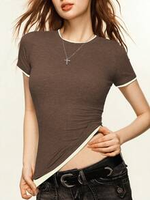 Rina Fox Women's Ribbed Elastic Fitted Casual Sexy T-Shirt