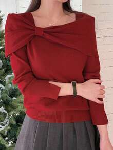 DAZY Áo len trễ vai màu đỏ dành cho nữ, thiết kế tinh tế, thanh lịch, giảm tuổi tác, làm thon gọn, áo thu/đông - Màu Đỏ Sâu - Xem 3