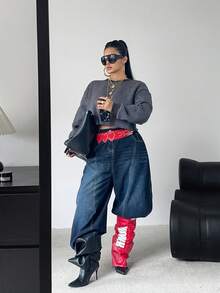 POPSWAY Damen Große Größen Rundhals Dropped Shoulder Langarm Thermofutter Lässiger Loose Pullover, Herbst/Winter