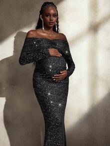 Cheriluna Maternity 孕妇写真连衣裙，长袖露肩双层设计，中后腰褶饰，修身金属面料长裙 - 黑色 - 查看 4