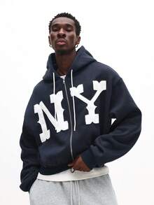 SUMWON 拉链连帽衫，纽约贴花细节，适合冬季休闲街头服饰 - 藏蓝色 - 查看 3