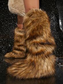 SHUZIA Women's Faux Fur Furry Fluffy Round Toe Winter Comfy Boots For Christmas - Camel - View 2