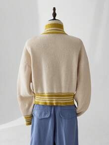 ESTAVOR Áo len cổ đứng khóa kéo nửa màu đơn giản cho nam, mùa đông - Màu be - Xem 4