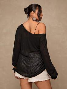 Freevana Áo len vai lệch vai cỡ lớn, áo phông đa năng phù hợp cho mùa thu/đông - màu đen - Xem 2