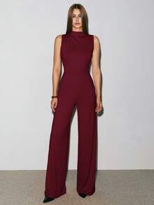 ATUI Studio 优雅无袖褶皱阔腿连体裤，黑色，百搭，适合日常穿着、约会、郊游、派对、聚会 - 不对称连体裤、阔腿连体裤、浪漫连体裤、休闲连体裤、优雅连体裤 - 酒紅色 - 查看 4